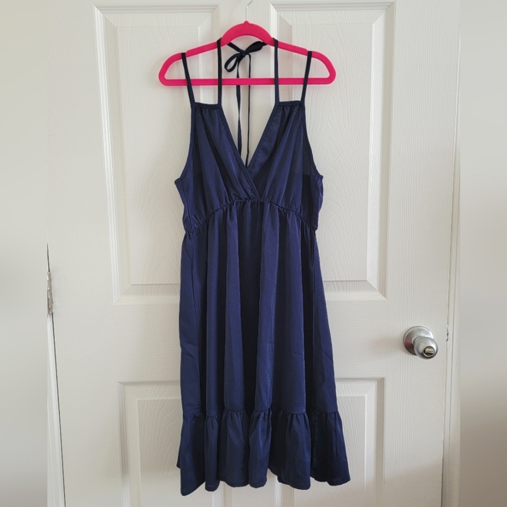 Navy Silky Satin Sleeveless Dress, Size S